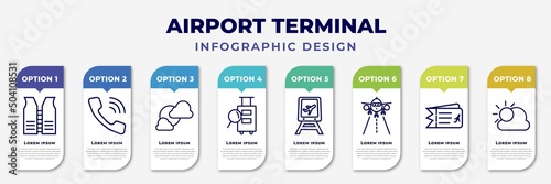 infographic template with icons and 8 options or steps. infographic for airport terminal concept. included lifesaver best, telephone, cloudy day, luggage inspection, train to the airport, landing