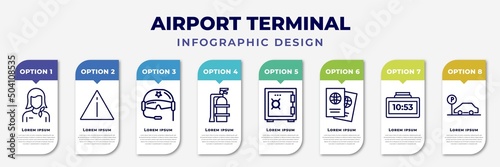 infographic template with icons and 8 options or steps. infographic for airport terminal concept. included stewardress head, danger sing, pilot helmet, extinguisher, big safe box, two passports, photo