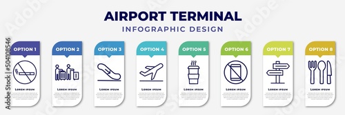 infographic template with icons and 8 options or steps. infographic for airport terminal concept. included no smoking, airport queue, airport down stairs, plane landing, hot coffee, forbbiden phone, photo