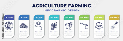 infographic template with icons and 8 options or steps. infographic for agriculture farming concept. included pesticide, straw bale, faucet, silo, monoculture, hoe, sheep, farming fork editable