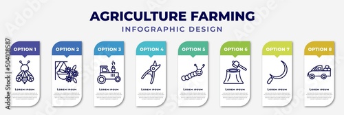 infographic template with icons and 8 options or steps. infographic for agriculture farming concept. included bees, hanging pot, tractor, pruners, caterpillar, wood chop, sickle, pickup editable