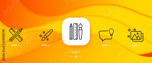 Photo editing set icon. Pencil, ruler, brush, lamp, gallery, image, etc. Changing images. Media concept. Infographic timeline with icons and 5 steps. Vector line icon for Business and Advertising