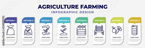 infographic template with icons and 8 options or steps. infographic for agriculture farming concept. included sack, fertilizer, crop rotation, smart farm, harvest, garden bench, vegetable, barrell