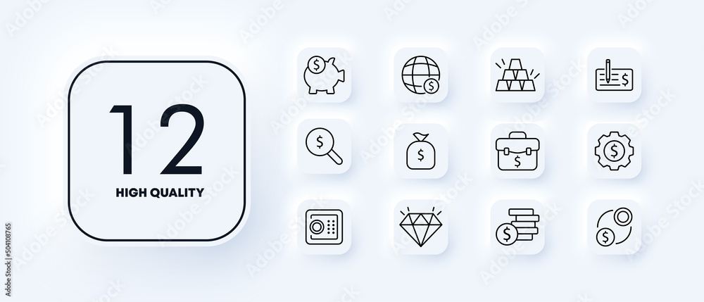 Money set icon. Piggy bank, online transactions, gold, safe, bank, briefcase, diamond, magnifier, pouch. Business concept. Neomorphism style. Vector line icon for Business and Advertising Money set icon. Piggy bank, online transactions, gold, safe, bank, briefcase, diamond, magnifier, pouch. Business concept. Neomorphism style. Vector line icon for Business and Advertising