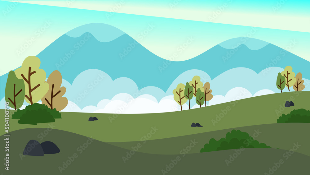 Mountain valley at sunrise. Natural summer sceneryNature Mountain valley summer scenery cartoon, flat design landscape background vector