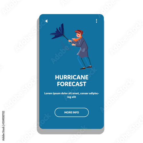 Storm Hurricane Forecast For Warning People Vector. Young Man With Broken Umbrella In Windy Weather Unknown Hurricane Forecast. Character Guy Walking Outdoor Web Flat Cartoon Illustration