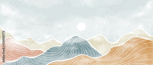 Mountain landscape background with watercolor brush and line wave pattern. Abstract contemporary aesthetic backgrounds landscapes. vector illustrations