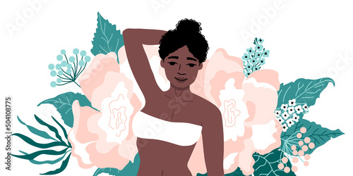 Young afro woman in a bra. The topic of depilation of armpits. Female beauty.  Abstact flowers and leaves. Healthy Skin. Vector illustration