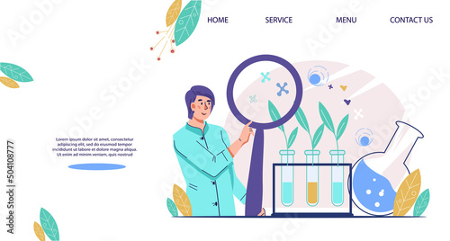 Laboratory research and study of new agricultural technologies website mockup. Webpage for plant breeding methods and genetic modification, flat vector illustration.