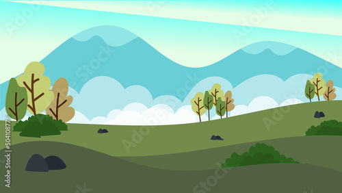Mountain valley at sunrise. Natural summer sceneryNature Mountain valley summer scenery cartoon  flat design landscape background vector
