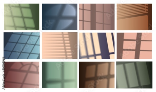 Realistic window shadow. Frames, blinders, and light overlay effect mockup, blurred walls background. Vector set