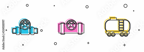 Set Metallic pipes and valve, and Oil railway cistern icon. Vector