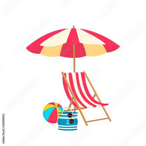 Fotobehang Summer chair,umbrella,bag,sunglasses and ball