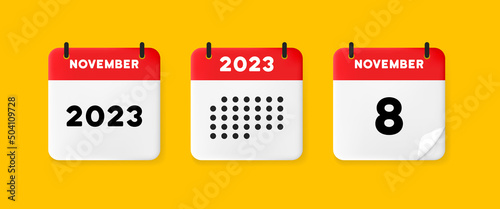 Calendar set icon. Calendar on a yellow background with eight november, 2022, 8 number text. Reminder. Date menegement concept. Vector line icon for Business and Advertising