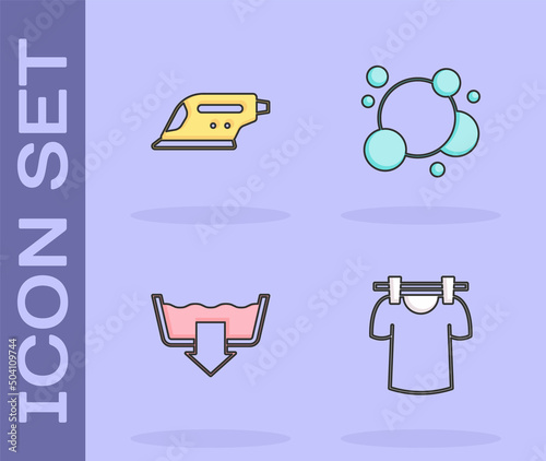 Set Drying clothes, Electric iron, Washing modes and Soap water bubbles icon. Vector