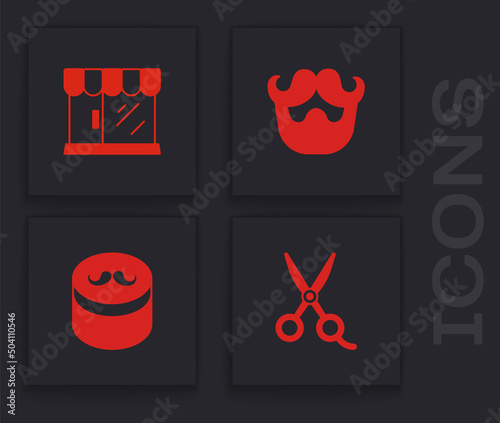 Set Scissors hairdresser, Barbershop building, Mustache and beard and Gel wax for styling icon. Vector