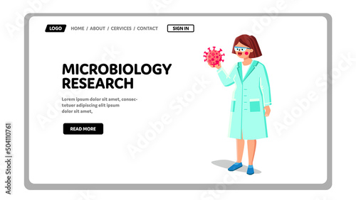 Microbiology Research Laboratory Worker Vector. Young Woman Microbiology Research And Developing, Biotechnology Discovery Science. Character Virologist Girl In Lab Web Flat Cartoon Illustration