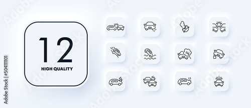 Automobile set icon. Road signs, accident, hill, handbrake, accident, Service station. Car concept. Neomorphism style. Vector line icon for Business and Advertising