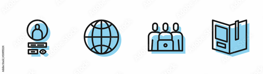 Set line Online class, Create account screen, Social network and Open book icon. Vector Set line Online class, Create account screen, Social network and Open book icon. Vector