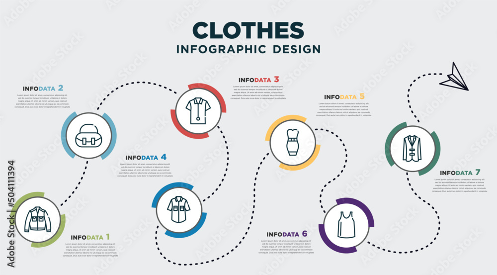 infographic template design with clothes icons. timeline concept with 7  options or steps. included denim jacket, hobo bag, cotton polo shirt, denim  shirt, long bandeau dress, tank top, oxford wave Stock Vector
