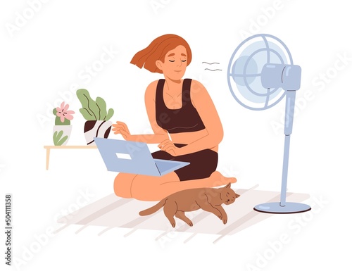 Happy person and cat with cooling fan, under blowing air, breeze at home in s...