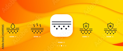 Skin hydration set icon. Skin care cream, pore cleaning. Moisture resistance, protection against viruses. Infographic timeline with icons and 5 steps. Vector line icon for Business and Advertising