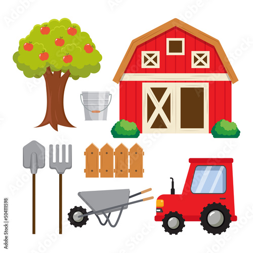 Cute farm element collection clipart. Flat vector cartoon design