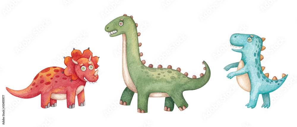 Set with colorful dinosaurs on a white background. Watercolor illustration. Dino. Animals. Reptile. Collection. The Stone Age. Design. Art. Handmade. Cute. Child.