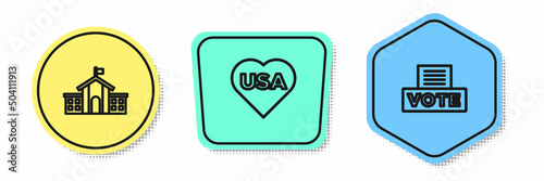 Set line United States Capitol Congress, USA Independence day and Vote box. Colored shapes. Vector