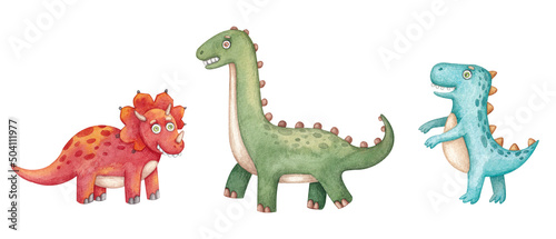 Set with colorful dinosaurs on a white background. Watercolor illustration. Dino. Animals. Reptile. Collection. The Stone Age. Design. Art. Handmade. Cute. Child.
