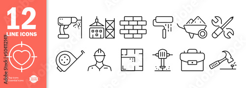 Construction set icon. Drill, crane, brick wall, roller, tools, cart, tape measure, builder, briefcase, puncher, etc. Builder concept. Vector line icon for Business and Advertising