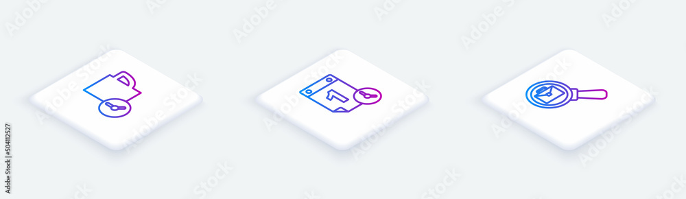 Set Isometric line Time management, and Magnifying glass with briefcase. White square button. Vector
