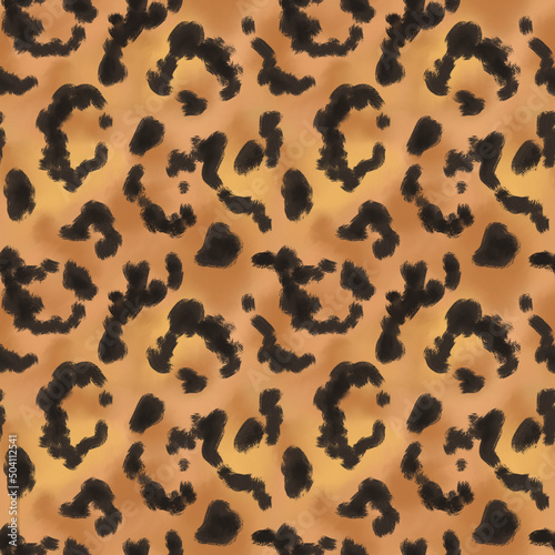 Leopard, cheetah skin print. Animal fur seamless pattern. Black spots on brown background repeat print. Wild life design for textile, fabric, wallpaper, wrapping paper, decoration.