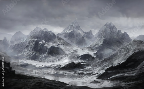 Fantastic Winter Epic Magical Landscape of Mountains. Celtic Medieval forest. Frozen nature. Glacier in the mountains. Mystic Night Valley. Artwork sketch. Gaming background. Book Cover and Poster. 