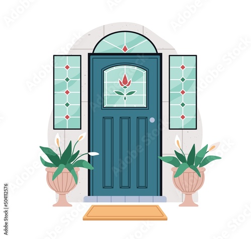 Closed front door of house outside. Home entrance exterior with stained glass, windows, potted plants flowers. Doorway facade from street. Flat vector illustration isolated on white background