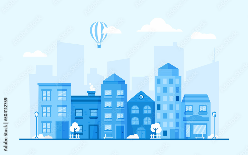Cityscape background with blue houses of different shapes and flying hot balloon. City street view. Horizontal simple banner vector flat illustration.