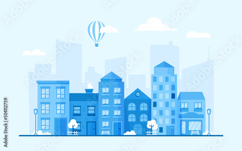 Cityscape background with blue houses of different shapes and flying hot balloon. City street view. Horizontal simple banner vector flat illustration.