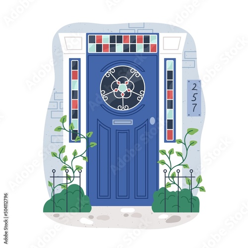 Front door, vintage-styled entrance to house. Closed locked doorway exterior,...
