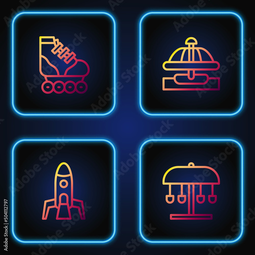 Set line Attraction carousel, Rocket ship, Roller skate and . Gradient color icons. Vector