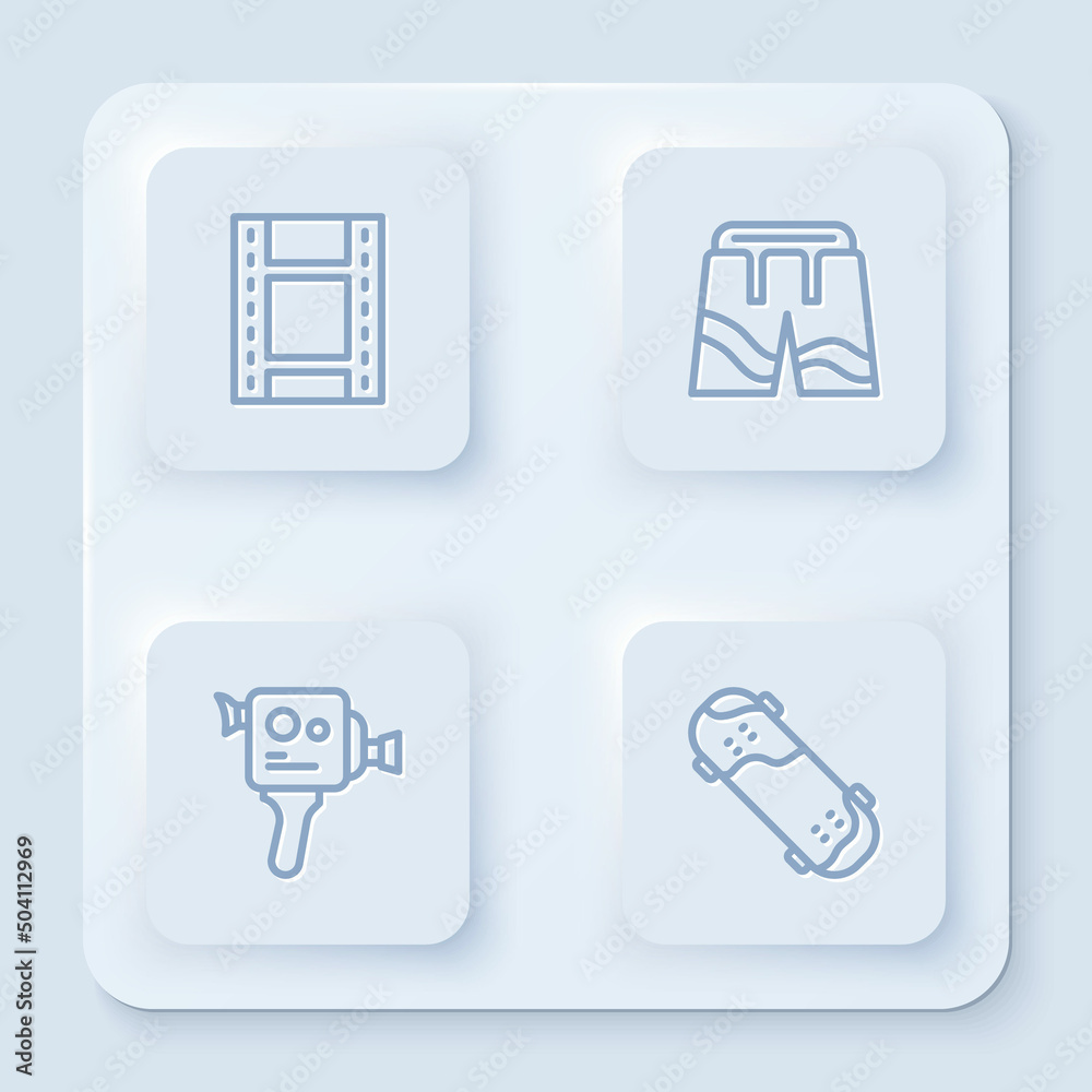 Set line Play Video, Short or pants, Retro cinema camera and Skateboard trick. White square button. Vector