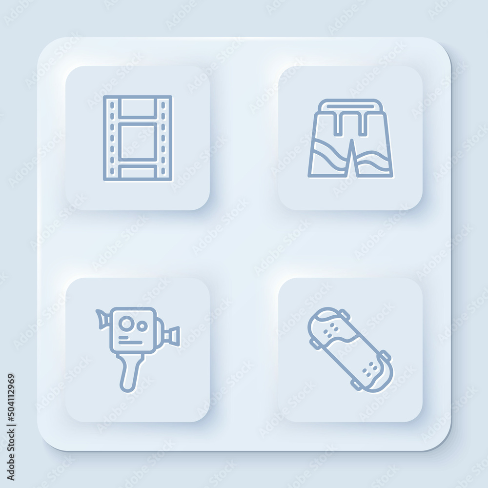 Set line Play Video, Short or pants, Retro cinema camera and Skateboard trick. White square button. Vector Set line Play Video, Short or pants, Retro cinema camera and Skateboard trick. White square button. Vector