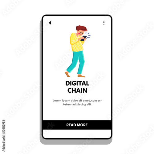Digital Chain And Technology Addiction Vector. Young Man Digital Chain Problem, Using Smartphone Device For Communication And Using Social Media App. Character Web Flat Cartoon Illustration