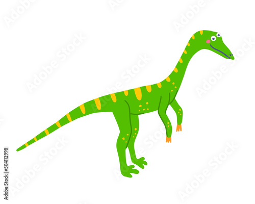 Cute carnivorous dinosaur Compsognathus  vector flat illustration in hand drawn style on white background