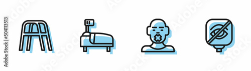 Set line Head of deaf and dumb, Walker, Hospital bed and Blindness icon. Vector