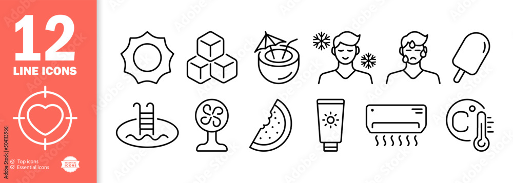 Rest set icon. Sun, ice, cocktail, lemonade, heat, sweat, ice cream, swimming pool, fan, watermelon, air conditioning, watermelon, etc. Summer concept. Vector line icon for Business and Advertising