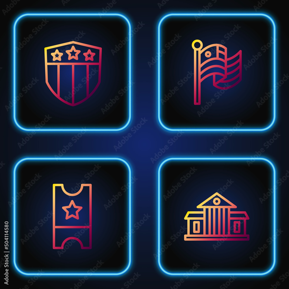 Set line White House, Baseball ticket, Shield with stars and American flag. Gradient color icons. Vector