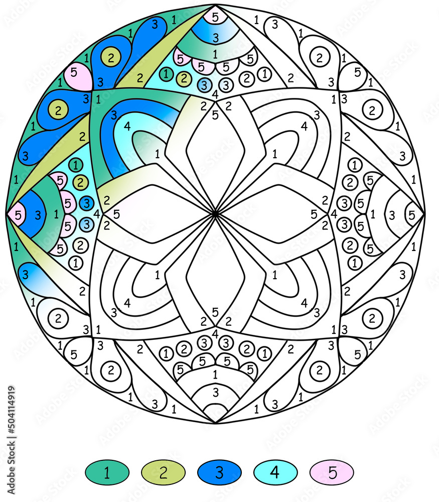 abstract mandala for coloring by numbers, with ornaments and plants in green and blue colors, coloring book pages