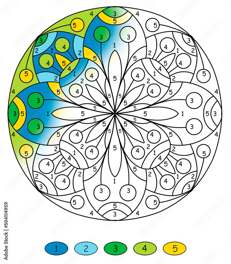 folk style mandala for coloring by numbers, with flowers and ornaments in light green and blue colors, coloring book pages