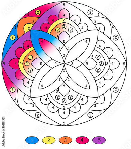 folk style mandala for coloring by numbers, with floral ornaments in pink and purple colors, coloring book pages