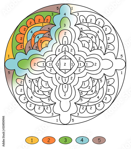 mandala for coloring, drawn with ornaments in green and orange colors, coloring book pages